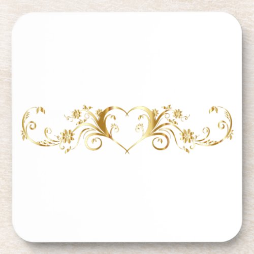 Elegant Decorative Gold Heart Swirls  Flowers Beverage Coaster