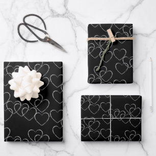 Elegant Decorative Heart Charms Black and White Wrapping Paper Sheets
