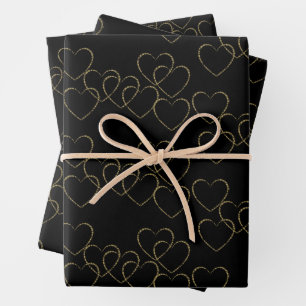 Elegant Decorative Heart Charms Gold and Black Wrapping Paper Sheets