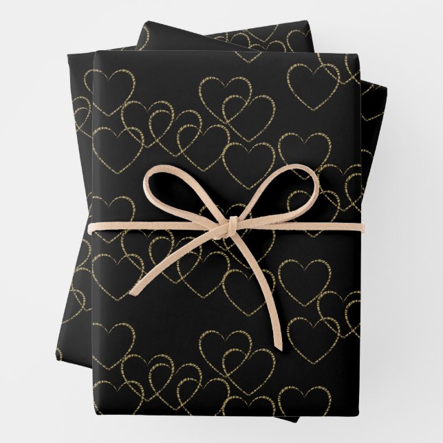 Elegant Decorative Heart Charms Gold and Black Wrapping Paper Sheets (In situ)