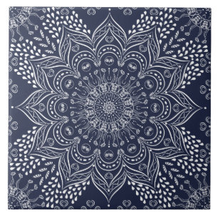 Elegant Decorative Mandala Navy Blue Ceramic Tile
