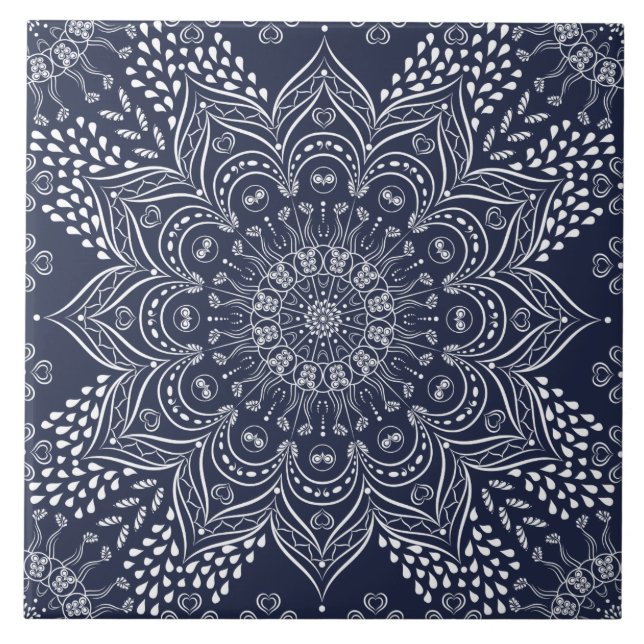 Elegant Decorative Mandala Navy Blue  Ceramic Tile (Front)