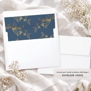 Elegant Deep Blue and Gold Foil Hand-drawn Floral Envelope Liner