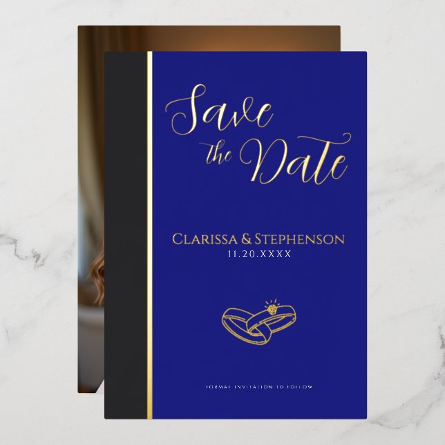 Elegant Deep Blue  Anthracite  Photo Save The Date Foil Invitation (Front/Back)