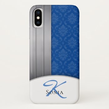Elegant Deep Blue Damask | Monogram Iphone X Case by BestCases4u at Zazzle