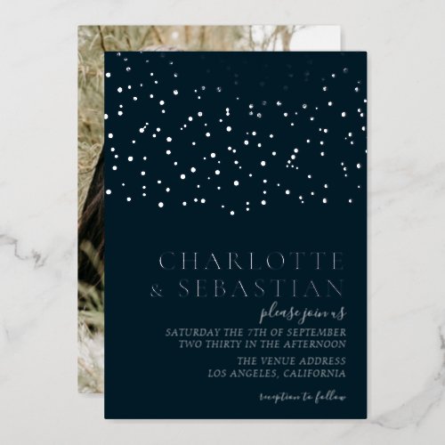 Elegant Deep Blue Photo Wedding Personalized Foil Invitation