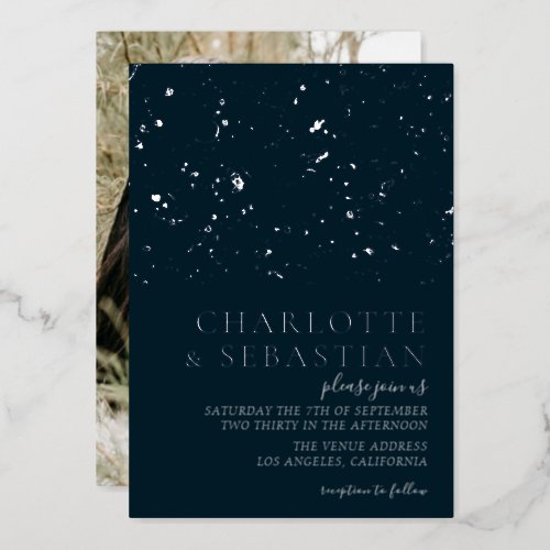 Elegant Deep Blue Photo Wedding Personalized Foil Invitation