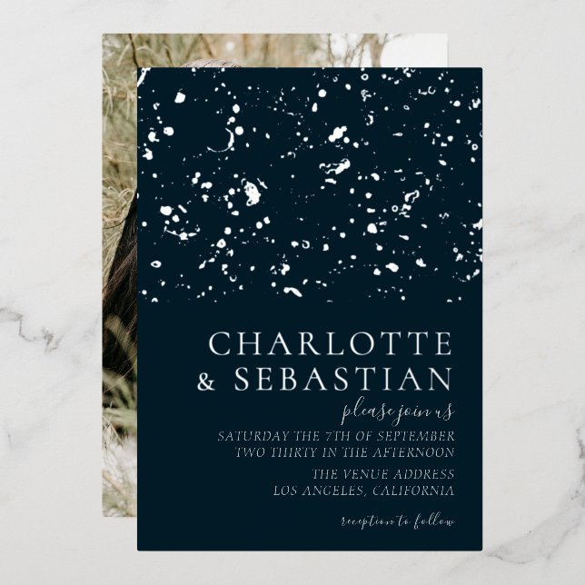 Elegant Deep Blue Photo Wedding Personalized Foil Invitation (Front/Back)