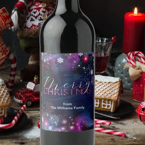 Elegant Deep Blue Pink Winter Wonderland Christmas Wine Label