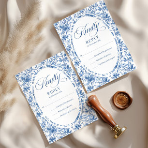 Elegant Deep Blue Roses French Toile RSVP Card
