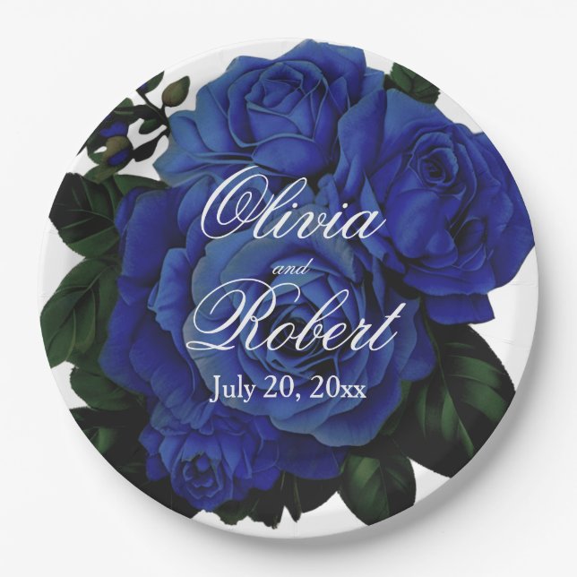 Elegant deep blue roses wedding paper plates (Front)