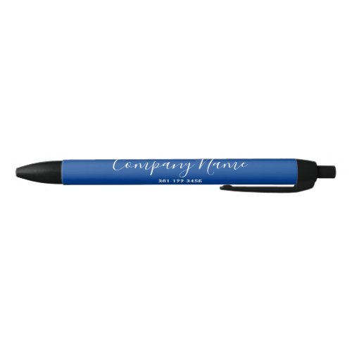 Elegant Deep Blue White Script Company Name Phone Black Ink Pen