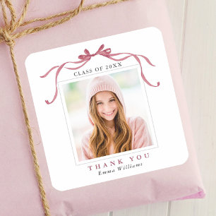 Elegant Deep Blush Bow Graduation Photo Thank You Square Sticker