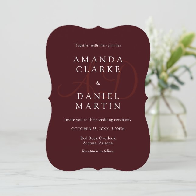 Elegant Deep Burgendy Wedding Monogram Initials  Invitation (Standing Front)