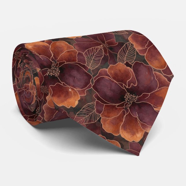Elegant Deep Burgundy and Copper Abstract Floral Neck Tie (Rolled)