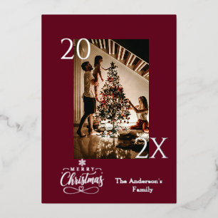 Elegant Deep Burgundy and Silver Christmas Photo Foil Holiday Card