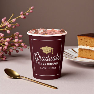 Elegant Deep Burgundy Class Of 2026 Graduation Paper Cups