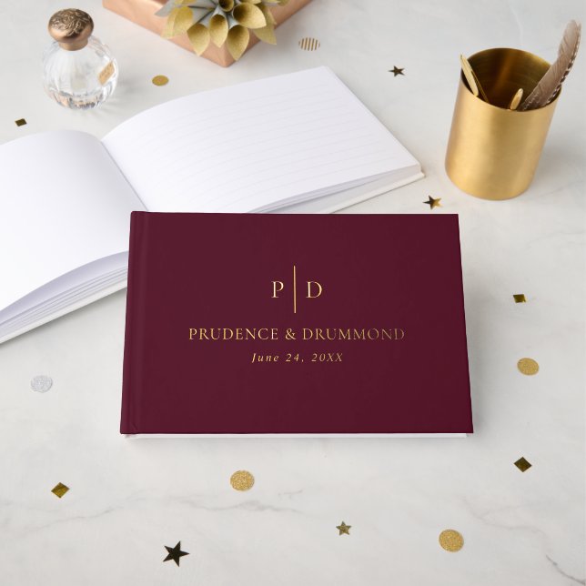 Elegant Deep Burgundy Classic Wedding Foil Guest Book (Front Open)