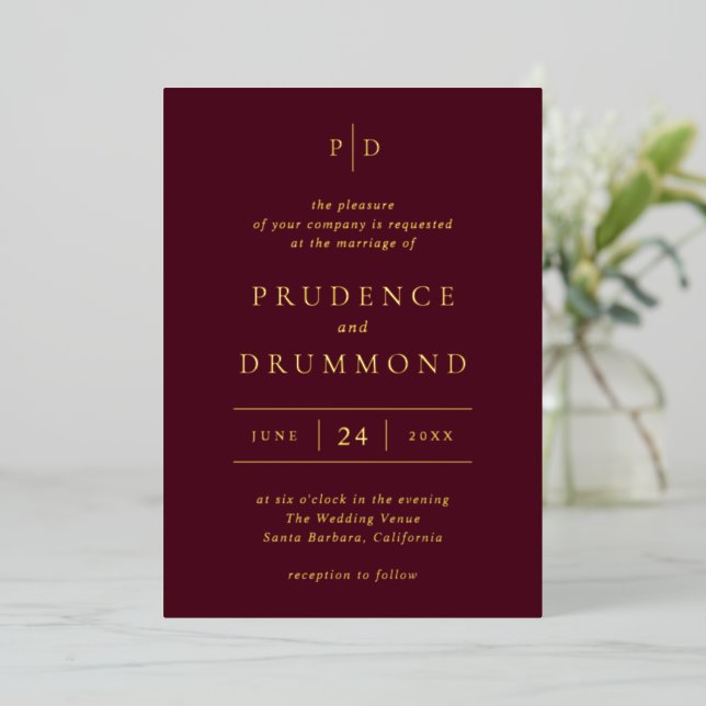 Elegant Deep Burgundy Classic Wedding Foil Invitation (Standing Front)
