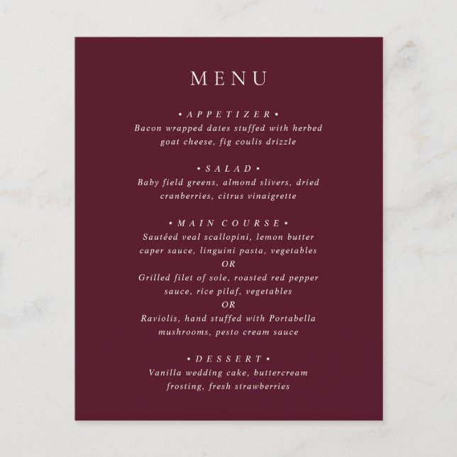 Elegant Deep Burgundy Classic Wedding Menu Flyer (Front)
