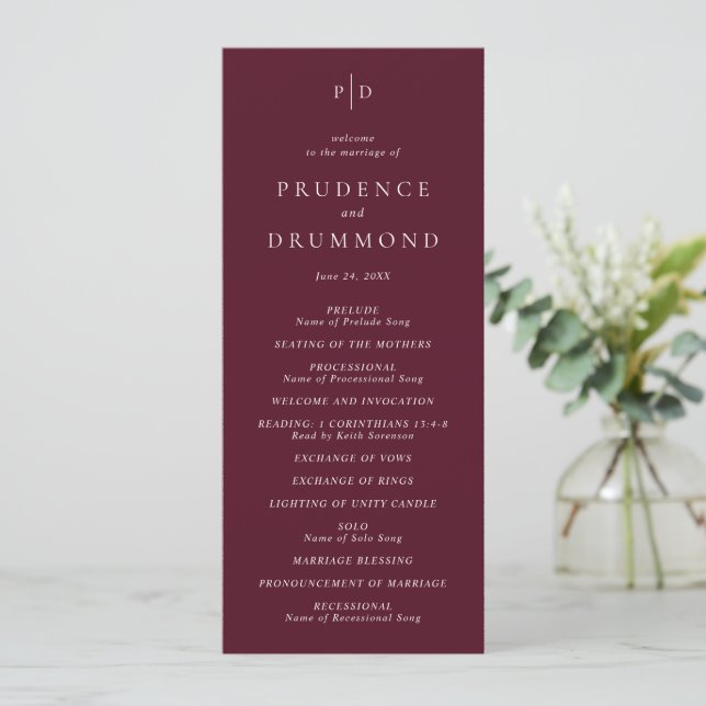 Elegant Deep Burgundy Classic Wedding Program (Standing Front)
