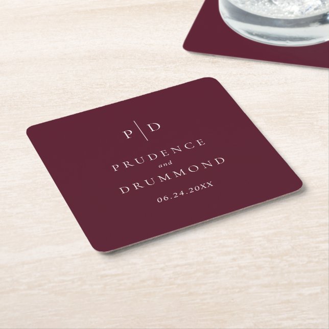 Elegant Deep Burgundy Classic Wedding Square Paper Coaster (Angled)
