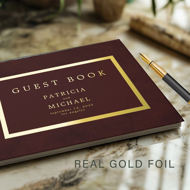 Elegant deep burgundy gold foil typography wedding guest book  (Creator Uploaded)