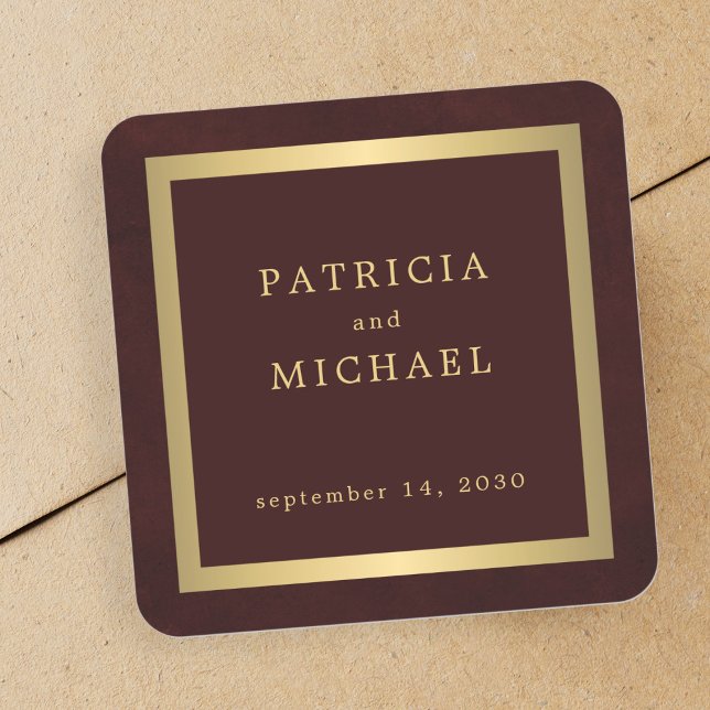 Elegant deep burgundy gold personalized wedding  square sticker (Creator Uploaded)