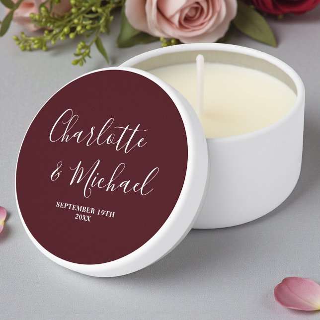 Elegant Deep Burgundy Script Minimalist Wedding Mini Candle Favors (Creator Uploaded)