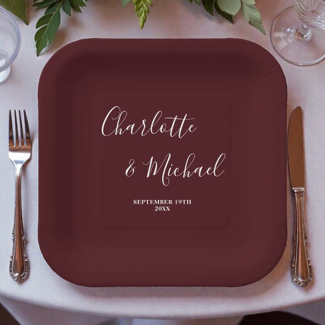 Elegant Deep Burgundy Script Minimalist Wedding Paper Plates (Creator Uploaded)