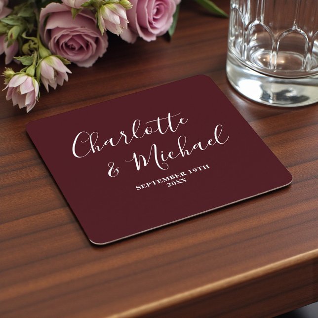 Elegant Deep Burgundy Script Minimalist Wedding Square Paper Coaster (Creator Uploaded)
