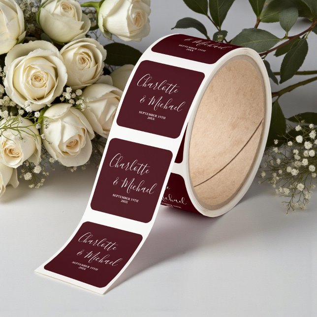 Elegant Deep Burgundy Script Minimalist Wedding Square Sticker (Creator Uploaded)