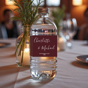 Elegant Deep Burgundy Script Minimalist Wedding Water Bottle Label