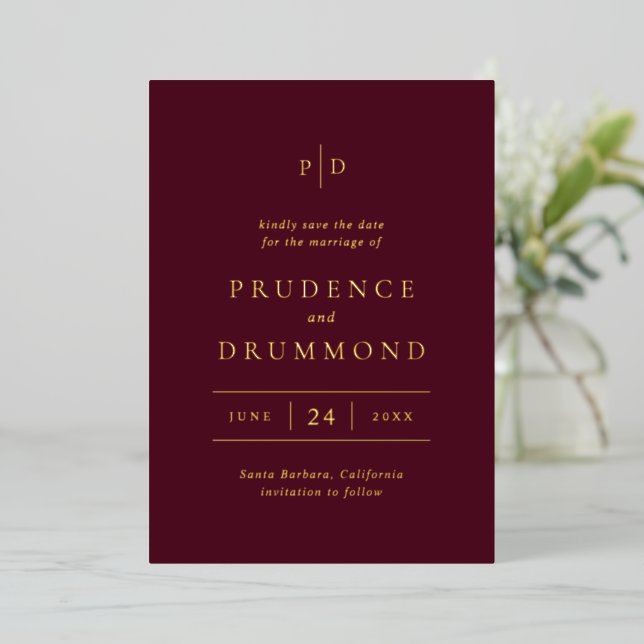 Elegant Deep Burgundy Wedding Save the Date Foil Invitation (Standing Front)