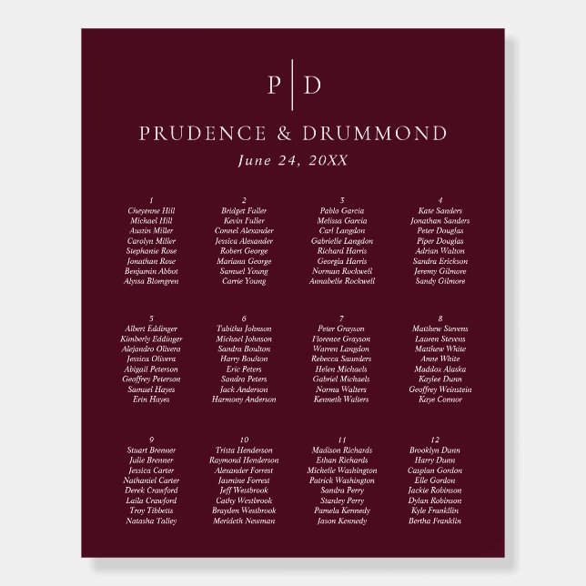 Elegant Deep Burgundy Wedding Seating Chart Foam Board (Front)