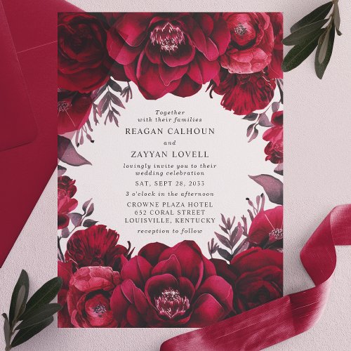 Elegant Deep Crimson Red Floral Romantic Wedding Vellum Invitations