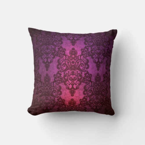 Elegant Deep Glowing Pink and Purple Damask Throw Pillow