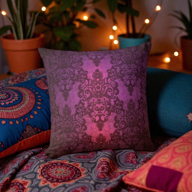 Elegant Deep Glowing Pink and Purple Damask Throw Pillow (Creator Uploaded)