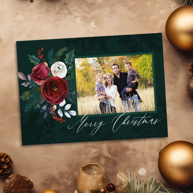 Elegant Deep Green Floral "Merry Christmas" Photo  Invitation (Creator Uploaded)