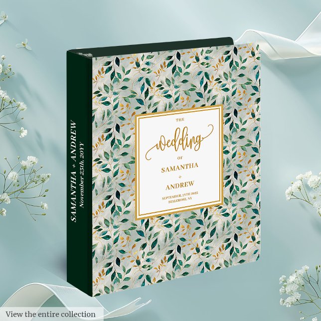 Elegant Deep Green Gold Leaves Wedding Album 3 Ring Binder (Elegant Deep Green Gold Leaves Wedding Album 3 ring binder )