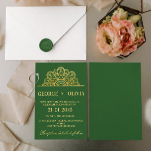 Elegant Deep Green & Gold Mandala Indian Wedding Invitation