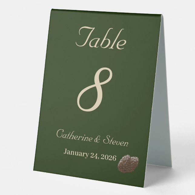 Elegant Deep Green Winter Wedding Table Number Tent (Front)