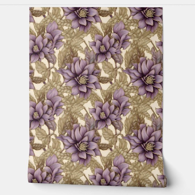 Elegant deep mauve and gold flowers summer floral wallpaper  (Unrolling)