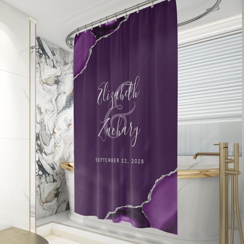 Elegant Deep Purple Agate Silver Newlywed Wedding Shower Curtain
