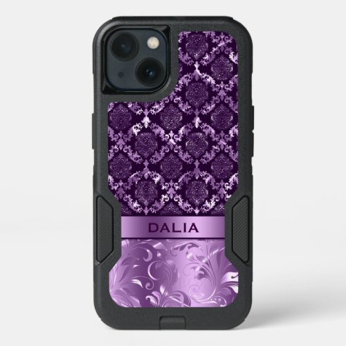 Elegant Deep Purple Floral Damask Metallic Texture iPhone 13 Case