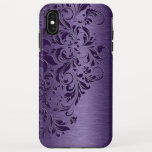 Elegant Deep Purple Floral Lace iPhone XS Max Case<br><div class="desc">Purple tones metallic brushed aluminum look print background,  with deep-purple floral lace. Available on other products and many different color combinations</div>