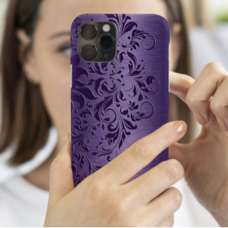 Elegant Deep Purple Floral Lace On Purple iPhone 15 Pro Case