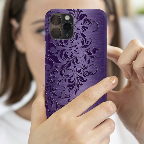 Elegant Deep Purple Floral Lace On Purple iPhone 15 Pro Case