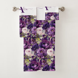 Elegant Deep Purple Floral Towel Set