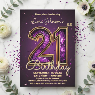 Elegant Deep Purple Gemstone Gold 21st Birthday Invitation